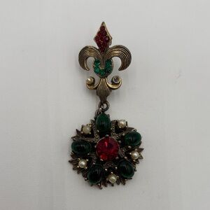 Vintage Weiss Rhinestone Brooch Fleur-de-Lis Dangle Red Green Gold Tone